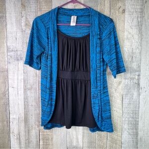 Discreet Small 2Fer Shirt Black Top w/Short Sleeve Overpiece Variegated Blouse